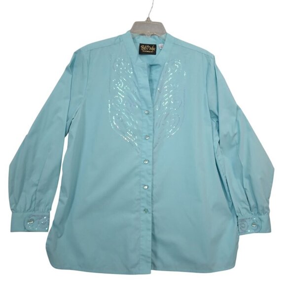 Bob Mackie | Cotton Sequin Shirt Blouse Light Blue Button Front | Size L - Picture 2 of 8